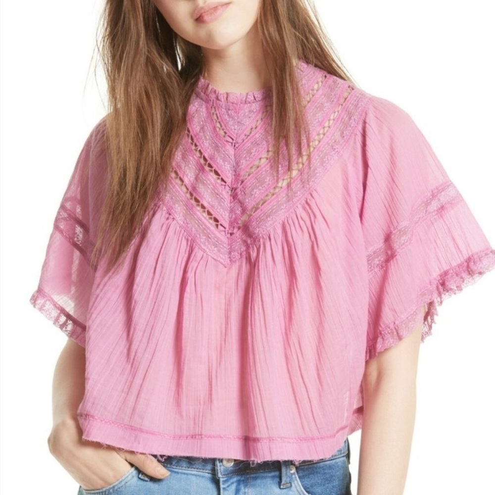 Free people pink lace fringe top batwing XS